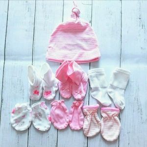 Baby Accessories Lot Baby Girls Hat Mittens Booties Socks Pink/White 0-3M